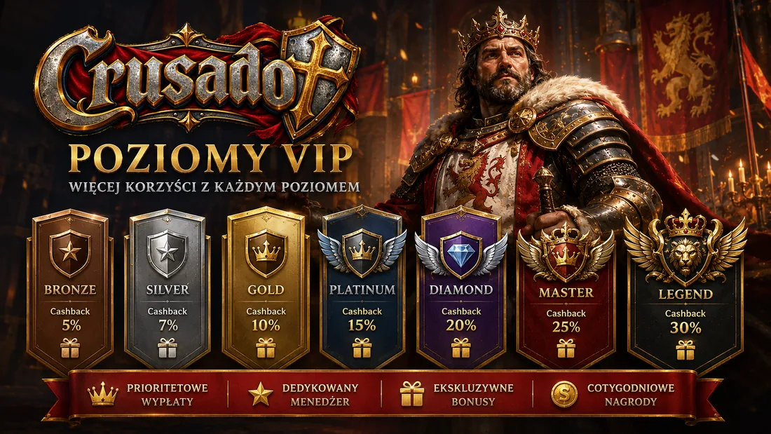 Poziomy VIP w Crusado Casino — od Bronze do Legend, cashback do 30%